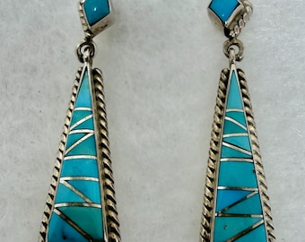 Pendientes colgantes de plata esterlina con incrustaciones de turquesa de nativos americanos, firmados por EY, estilo navajo, joyería del suroeste.
