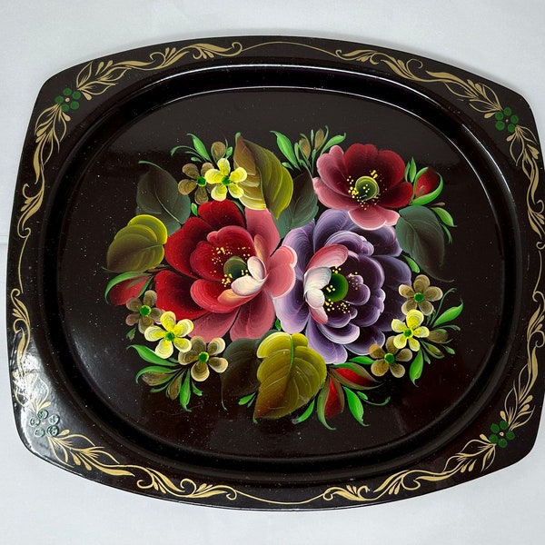 vintage 60's Zhostovo tray decor chocolate brown metal 9 6/8" x 8.5" painted flowers Russian
