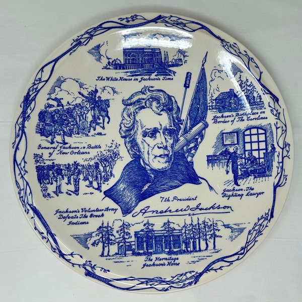 vintage Andrew Jackson président plaque bleu blanc Vernon Kilns