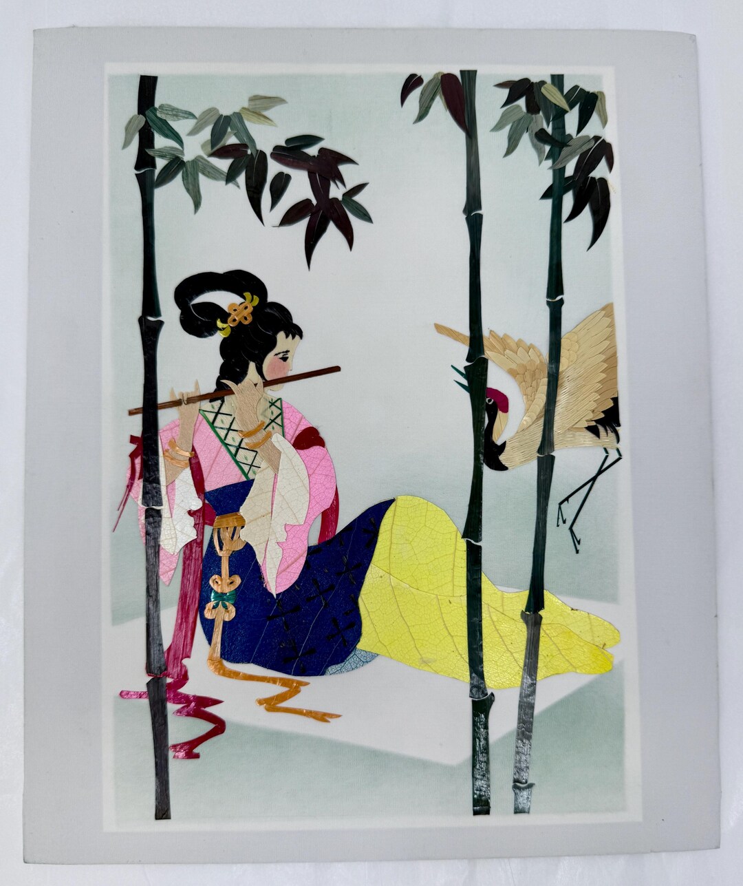 Vintage Asian Wheat Stalk Art on Silk – Hand Cut & Painted – Woman With ...