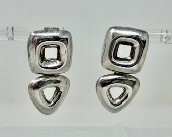 solid Sterling Silver Geometric Drop Earrings 925 Modernist Dangle Earrings Sculptural Silver Jewelry