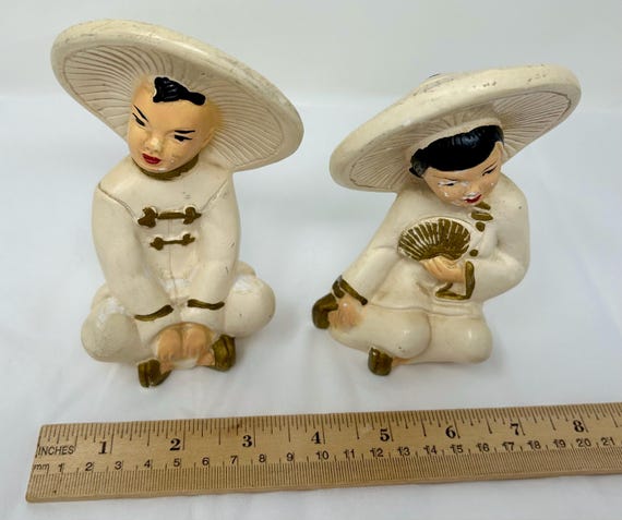 Set of 2 Vintage 1950's Chalkware Chalk Figurines Boy Girl Asian