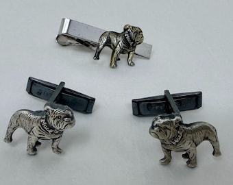 Juego de alfiler de corbata y gemelos de bulldog inglés vintage en plata de ley. Joyas para hombre con detalle de collar Mack.