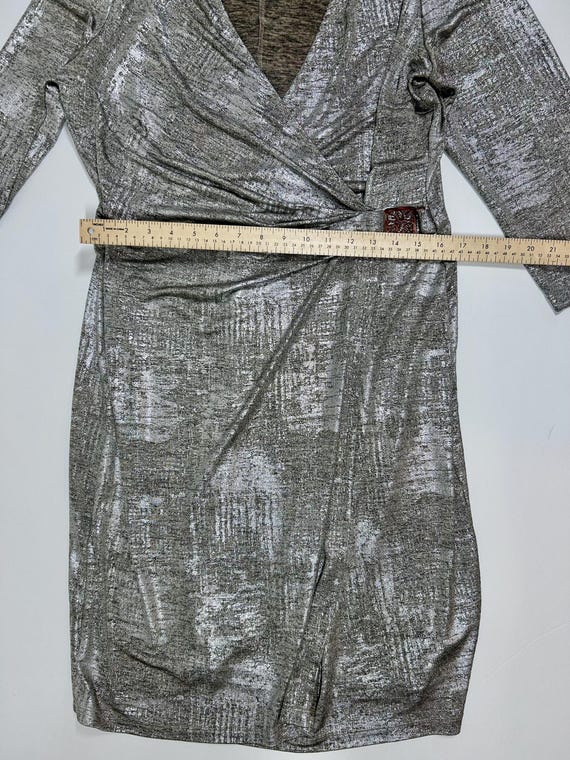 silver metallic wrap dress $345 French Connection Women's Silver Metallic Faux-Wrap V-Neck Mini Dress  US 0