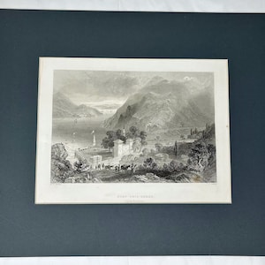 May include: A black and white engraving of a coastal scene with a village in the distance. The engraving is titled "Bosphorus with Scenery".