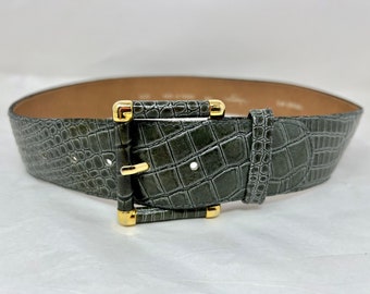 Vintage Lucienne Paris Leather Belt – Green Croc Embossed with Gold Tone Buckle – Made in France, Size 28