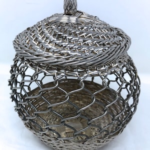 vintage silver plate basket India woven wire lid box