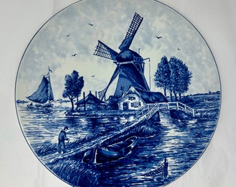 ヴィンテージ手描きデルフトプレート：オランダの青と白の装飾（幅8.8