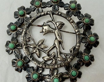 Broche vintage de hada Reinhold Kühn en plata de ley 925S, estilo Art Nouveau danés, con corona floral, fabricado en Dinamarca.