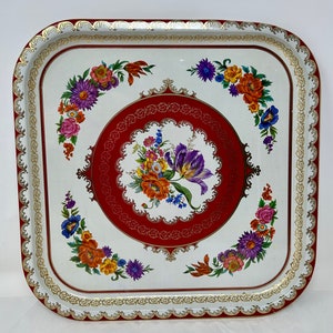 Vintage Daher Decorated Ware Floral Tin Tray – Square 13.5&quot; Red & White Metal Serving Tray – Chinoiserie Flowers Decorative Kitchenware