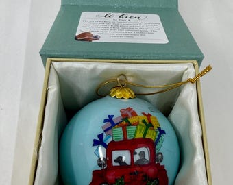 Pier 1 Li Bien Red Truck Christmas Ornament 3" Reverse Hand Painted Glass Boxed