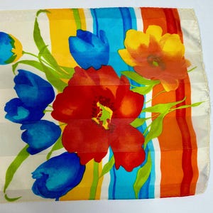Vintage Liz Claiborne Long Silk Scarf – Floral Print in Red, Blue, Yellow, Orange – 100% Silk – 11&quot; x 52&quot; – Colorful Retro Accessory