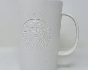 Starbucks White Embossed Siren ceramic matte Tall Mug – 16 fl oz – 2014