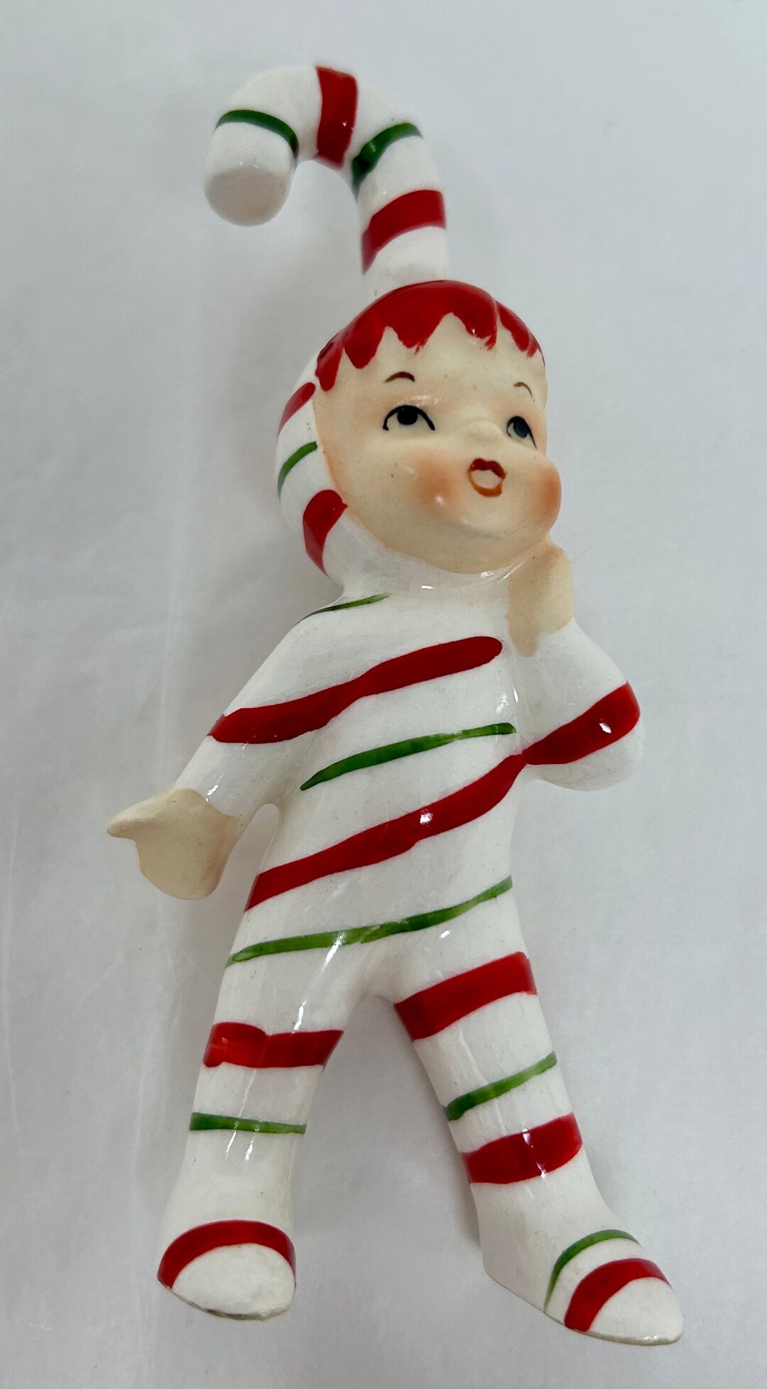 Vintage Japan 1950's Candy Cane Kid Boy Pajamas Porcelain Figurine