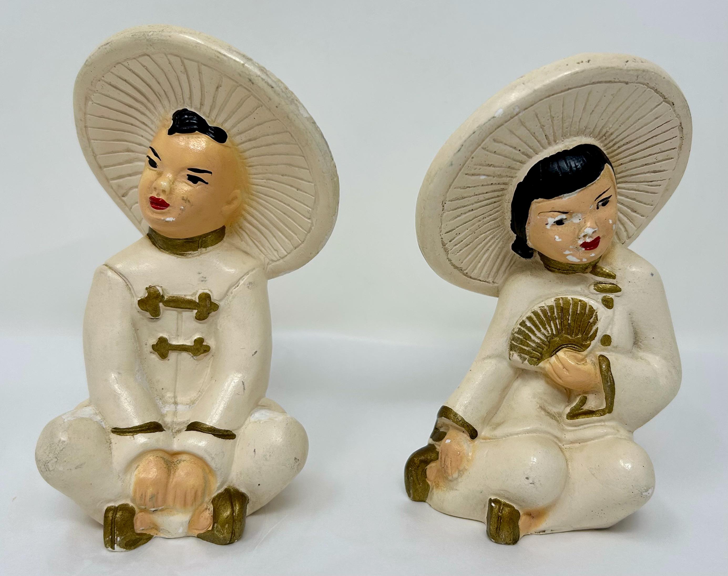 Set of 2 Vintage 1950's Chalkware Chalk Figurines Boy Girl Asian