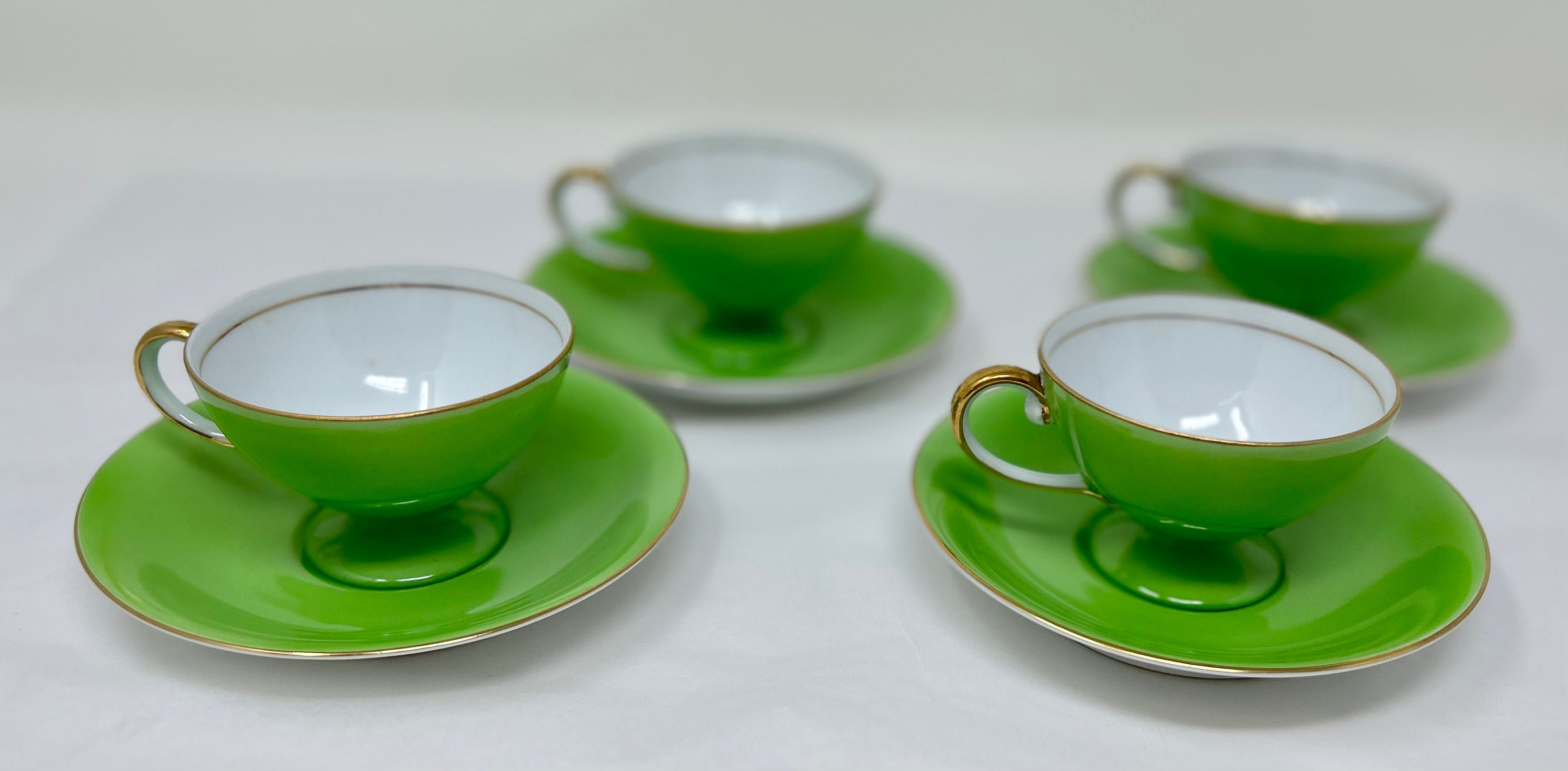 グラス+カップ Noritake - Noritake Green glass Tableware 14 pieces Set of 4 Vintage Noritake Tea Cups Saucers Apple Green Gold