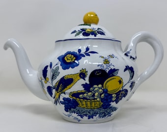 Spode Blue Bird Teapot Made in England Lidded Ceramic Blue Yellow Floral Bird Vintage