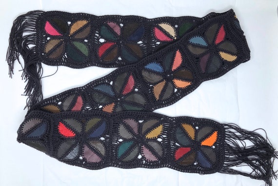 Vintage Sash Belt Leather Macrame Crochet 70