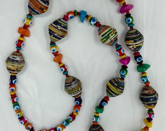 vintage paper necklace ethnic colorful long beads 38"