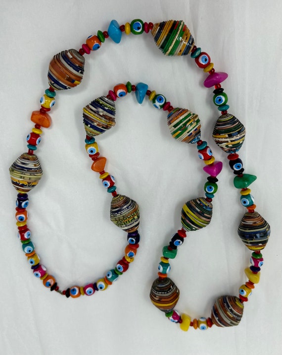 vintage paper necklace ethnic colorful long beads 