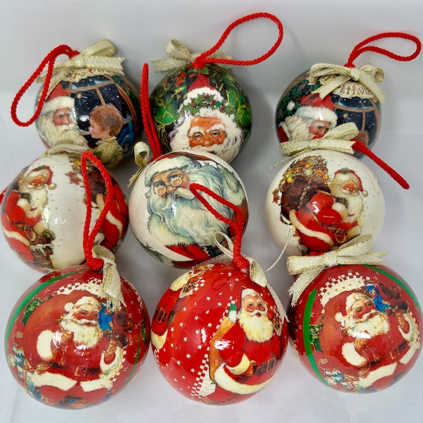 9 vintage paper mache Christmas tree ornaments holiday Santa ball decoupage Victorian