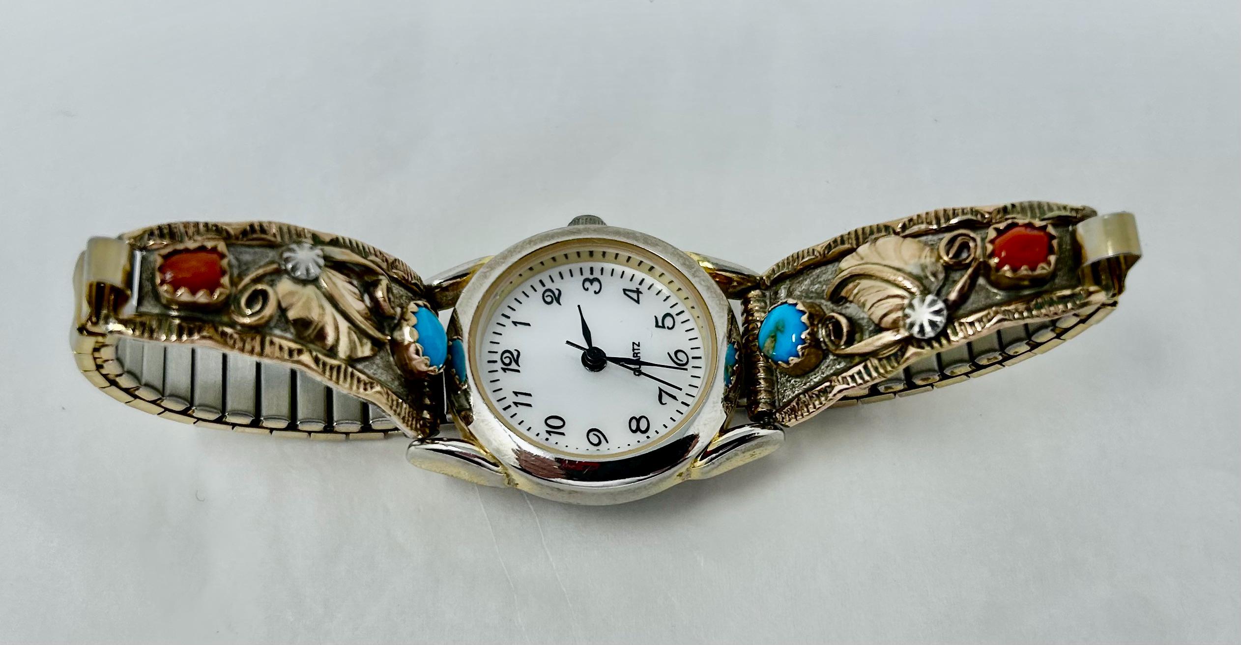CLASSIC VINTAGE‎ STERLING SILVER CORAL  COLOR QUARTZ WATCH  7.25\