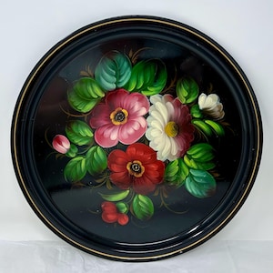 Russian Hand Painted Black Floral Serving Tray – 11.5 Round Plate – Vintage Decorative Display Tray – Signed Apt. MO-090-25