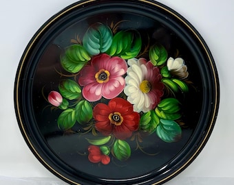 Petit Plateau Métal Peint Noir à Décor De Fleurs - Russie/Ukraine - Déco Rétro