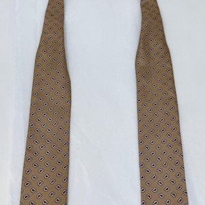 Puede incluir: Una corbata color beige con un estampado de cachemira repetido en rojo y negro. La corbata está hecha de una tela suave y se muestra sobre un fondo blanco. Un accesorio clásico para vestimenta formal o de negocios.