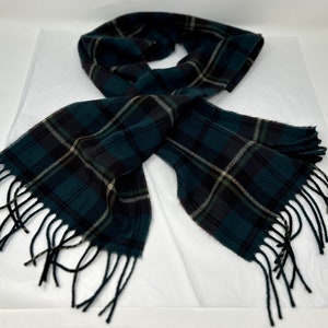 vintage 100% Wolle Schal Tartan Plaid Fransen Petrol blau grün weiß