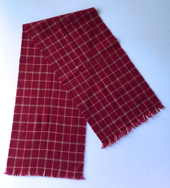 vintage 100% wool scarf windowpane plaid red tan … - image 5