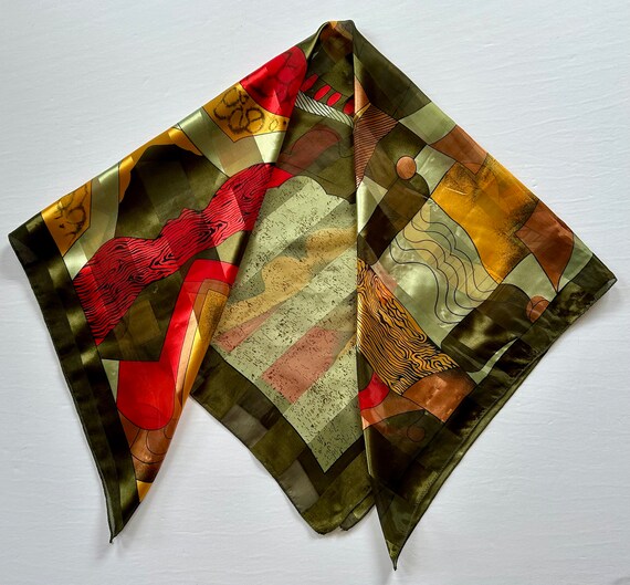 Picasso scarf abstract polyester square green yel… - image 5
