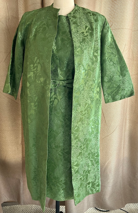 vintage ILGWU dress & coat apple green brocade - image 2