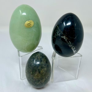 Polished Stone Eggs – Green Serpentine, Black Onyx, and Granite – Easter Decor, Crystal Display, Earthy Natural Home Accent
