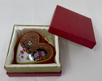Pier 1 Li Bien Heart Christmas Ornament Fox Hedgehog 4.5" Reverse Painted Glass Boxed