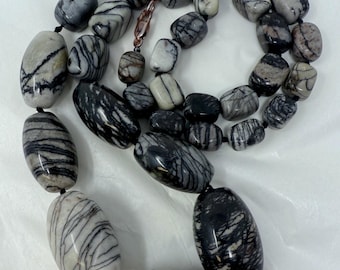 Vintage Black gray white Picasso Jasper Beaded Necklace – Polished Oval & Square Natural Stone Jewelry - beads bead