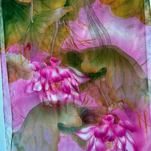sheer polyester water lilies flower scarf pink green rectangle lily pink green