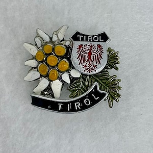 vintage Tirol Austria hat pin - souvenir tourist shield Enamel Edelweiss Flower & Coat of Arms Souvenir Badgeenamel Alpine