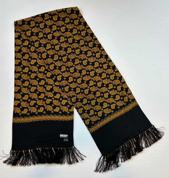 DKNY rectangle scarf silk fringe gold black Donna 