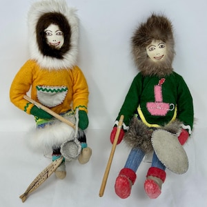 set of 2 vintage Alaskan Induit cloth dolls 12&quot; tall music fishing fur hood folk art Northwest folk art artisan hand made native