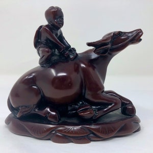 Vintage Chinese Hand Carved Rosewood Figurine – Boy Riding Water Buffalo Sculpture Asian Decor