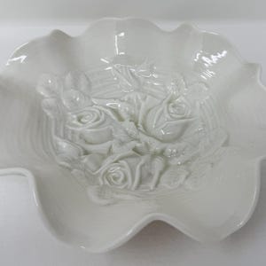 vintage porcelain embossed roses flowers relief Ruffled Edge Decorative Dish candy bowl