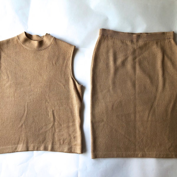 St. John knit tan camel mock tank top & skirt S small suit