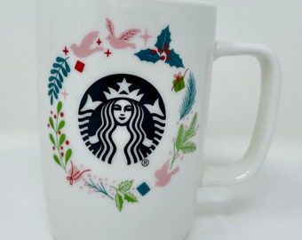 Starbucks Holiday Mug – White Ceramic Coffee Cup with Pink Peace Doves, Holly & Gifts, 10 oz Christmas Collectible
