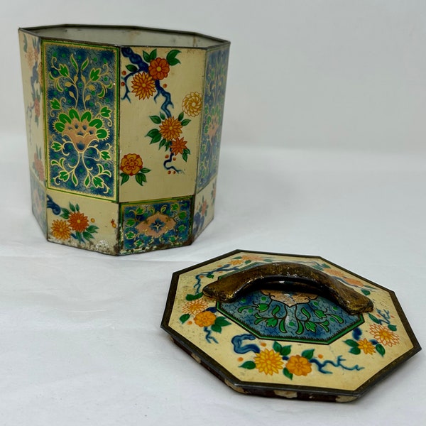 vintage hexagonal Peek Frean tin box canister Asian