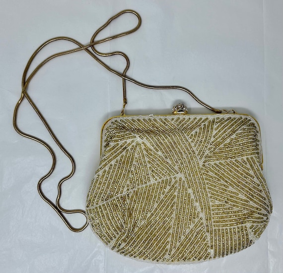 vintage I Magnin beaded purse gold white evening … - image 1