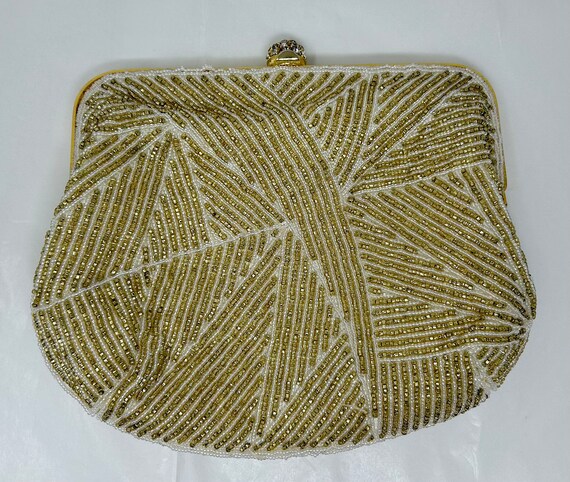 vintage I Magnin beaded purse gold white evening … - image 7