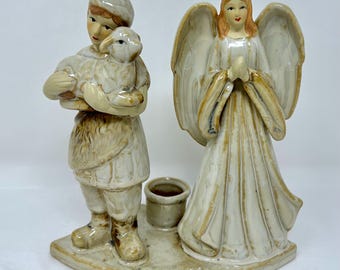 Ceramic Angel & Shepherd Candle Holder – Tan Beige Nativity Holiday Christmas Décor