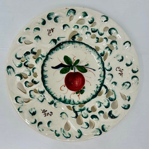 vintage ceramic Italian Italy plate fruit apple holes wall display 8&quot; hand painted della robbia style