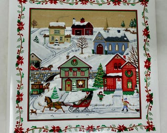 Salvamanteles de cerámica vintage de pueblo navideño Russ, escena de trineo navideño, azulejo de pueblo invernal, borde de flor de Pascua, decoración navideña Cottage Core